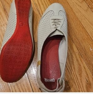 Comfortable Walking Camper leather shoes , red sole, adjustable back . Size 40